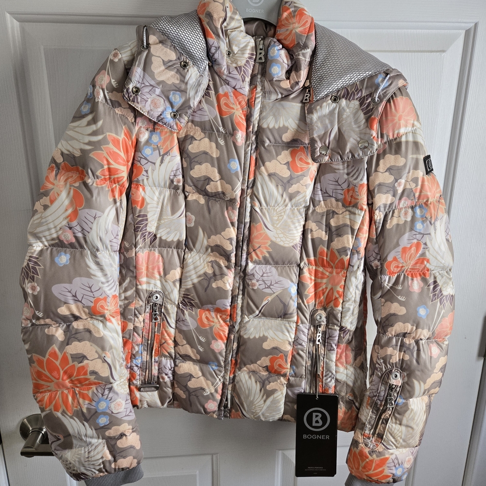 Bogner Floral Quilted Puffer Jacket in Beige, Coral & Light Blue